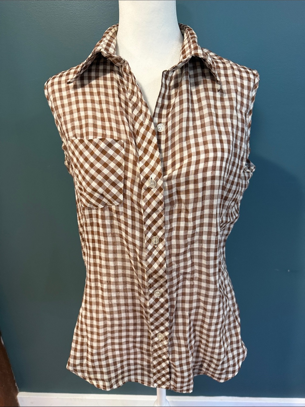 Tally Ho Brown and White Gingham Sleeveless Button-Down Shirt